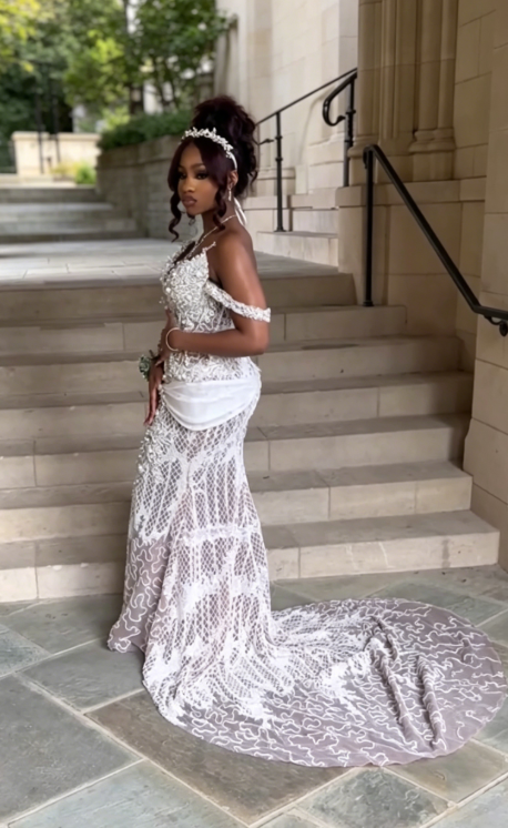 Chic Off-shoulder Sheath Beaded Lace Long Evening Dress White Prom Dress ED08133