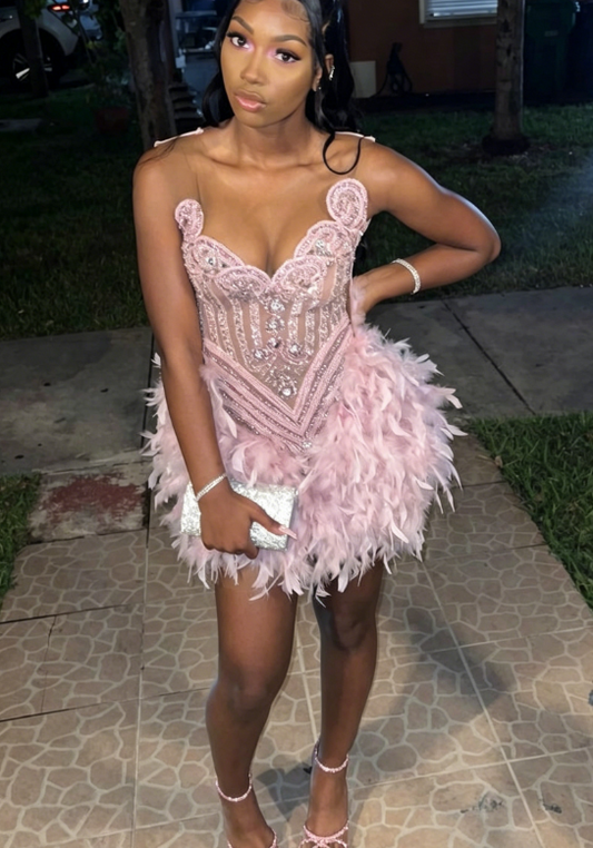Classy Sweetheart Sheath Birthday Dress Beaded Tulle Homecoming Dress Pink Party Outfit ED08137