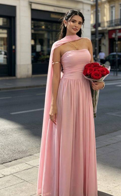 Elegantes pinkes Brautjungfernkleid trägerlos Etui Chiffon langes Abendkleid ED08148