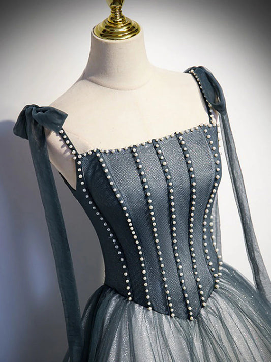 A-Line Tulle Gray Long Prom Dress, Gray Formal Graduation Dress with Beading ED0815