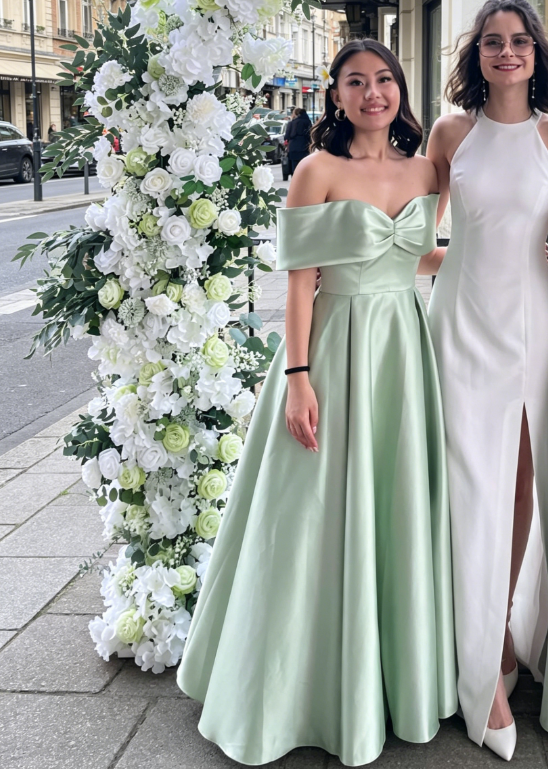 Schickes grünes Brautjungfernkleid schulterfrei A-Linie Satin langes Abendkleid ED08150