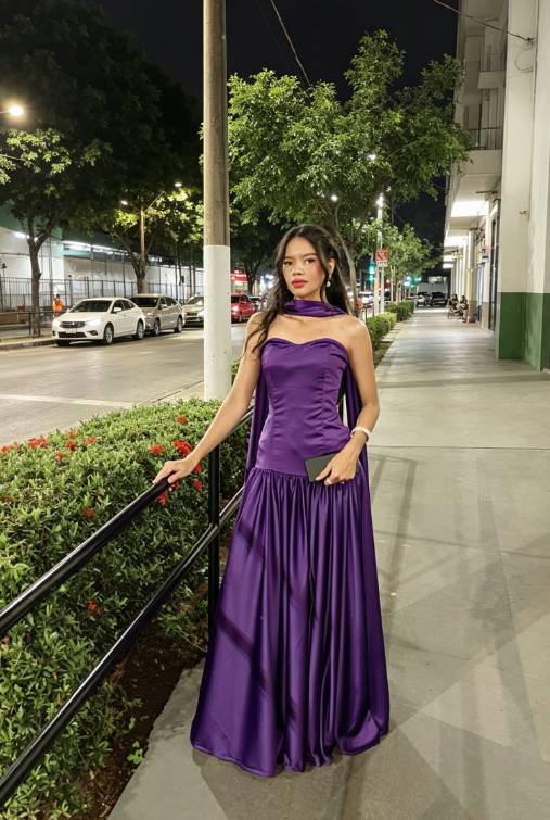 Chic Purple Bridesmaid Dress Strapless Sheath Satin Long Evening Dress ED08151