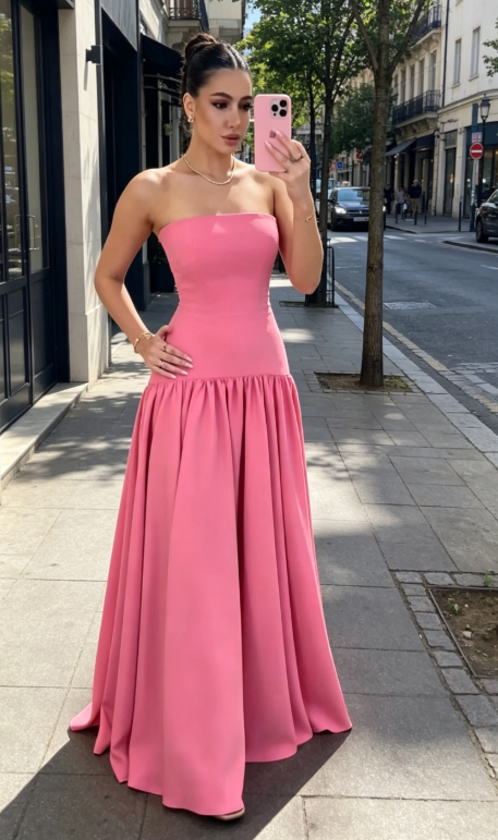 Chic Pink Bridesmaid Dress Strapless Sheath Satin Long Evening Dress ED08153