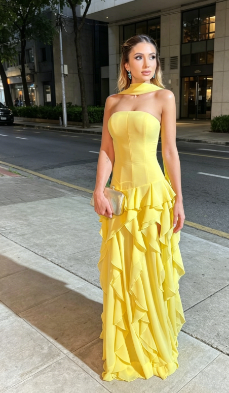 Schickes gelbes trägerloses Etuikleid aus Chiffon für Hochzeitsgäste, langes Abendkleid ED08158