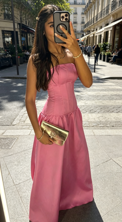 Elegantes pinkfarbenes Hochzeitsgastkleid, trägerlos, figurbetont, Satin, langes Abendkleid ED08160