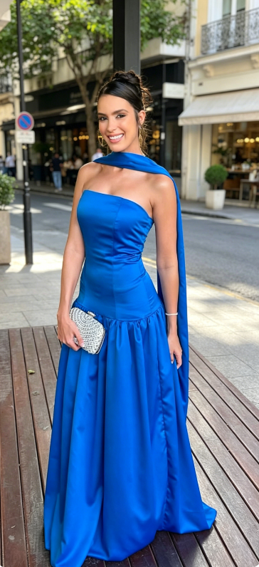 Elegantes Königblaues Hochzeitsgastkleid, trägerlos, figurbetont, Satin, langes Abendkleid ED08161-12