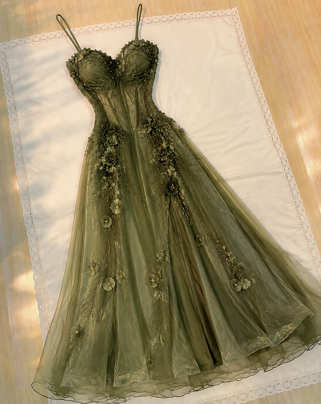 Hübsches olivgrünes Geburtstags-Kleid mit Spaghettiträgern A-Linien Abendkleid Tüll Applikationen Langes Abschlussballkleid ED08161