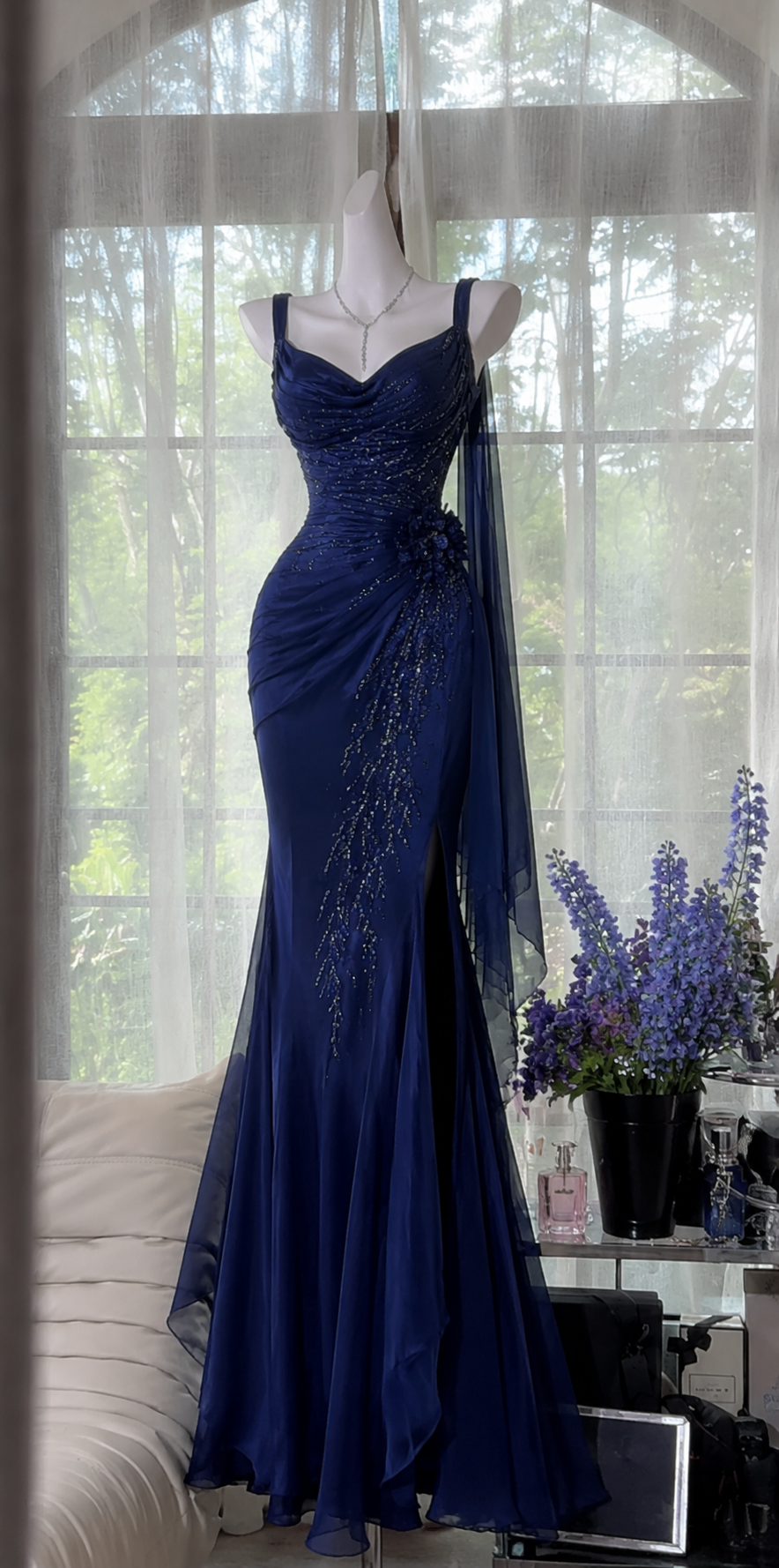 Pretty Straps Mermaid Chiffon Beaded Long Evening Dress Navy Blue Prom Dress ED08173