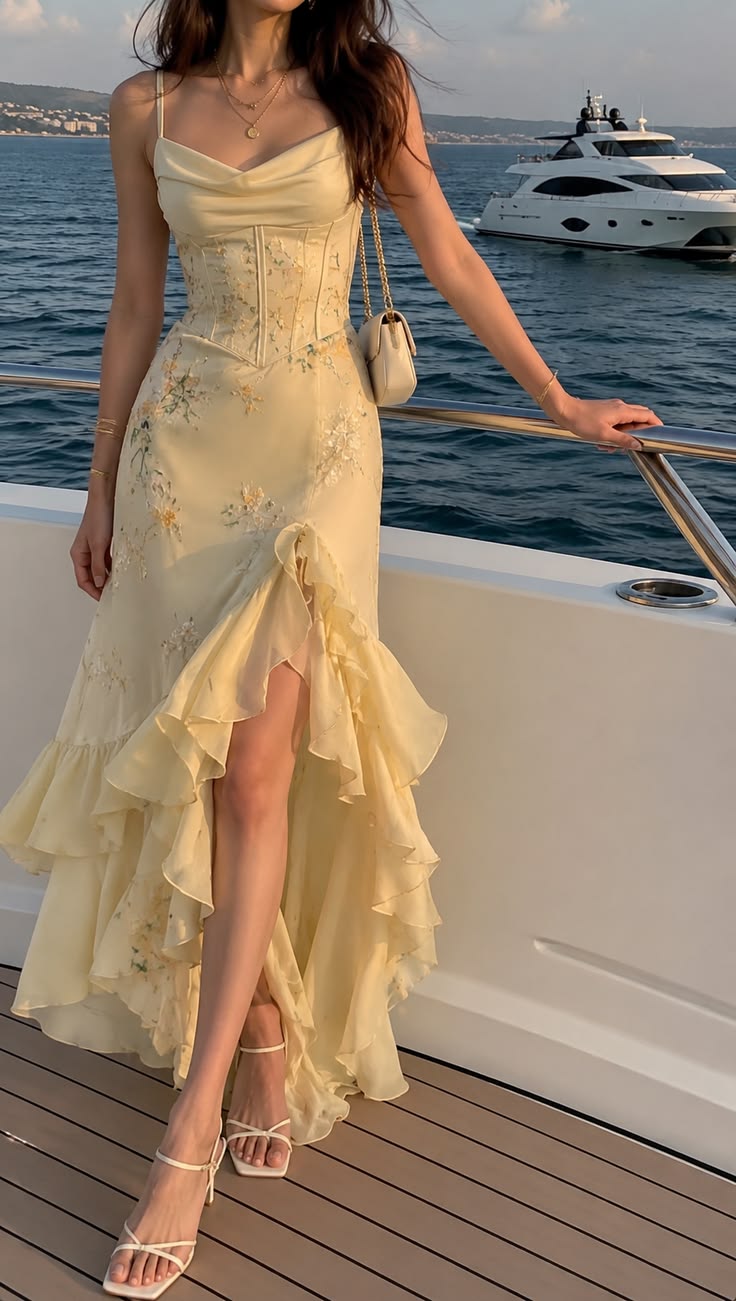 Chic Spaghetti Straps Sheath Beaded Chiffon Long Evening Dress Yellow Prom Dress ED08175