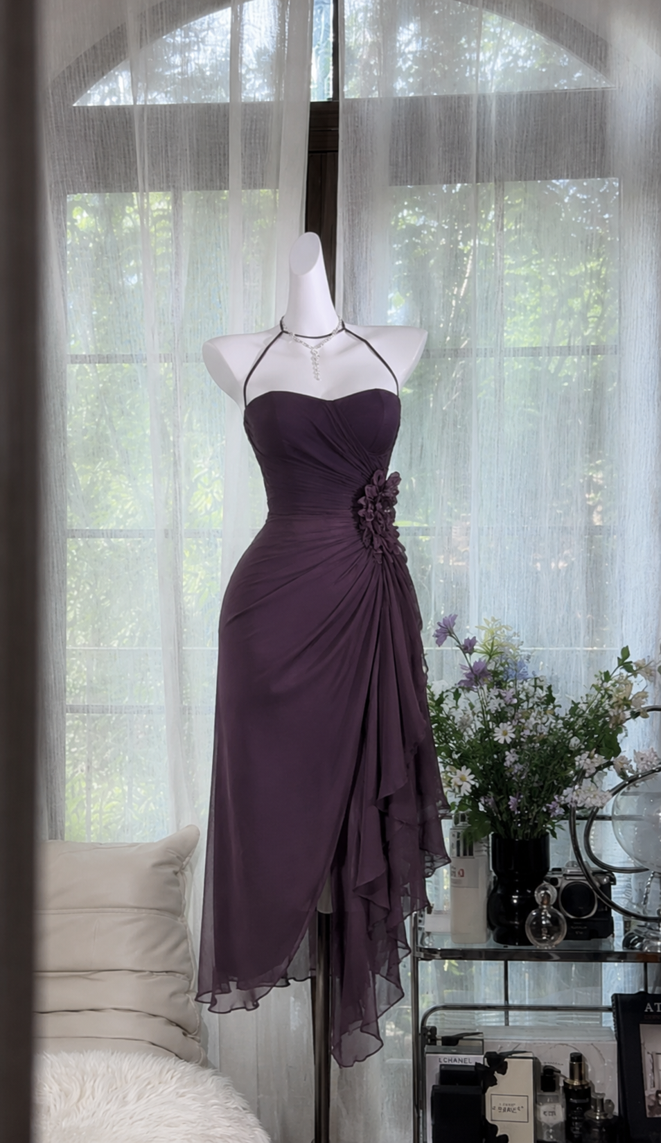 Simple Halter Short Evening Dress Sheath Chiffon Birthday Dress Purple Party Outfit ED08180