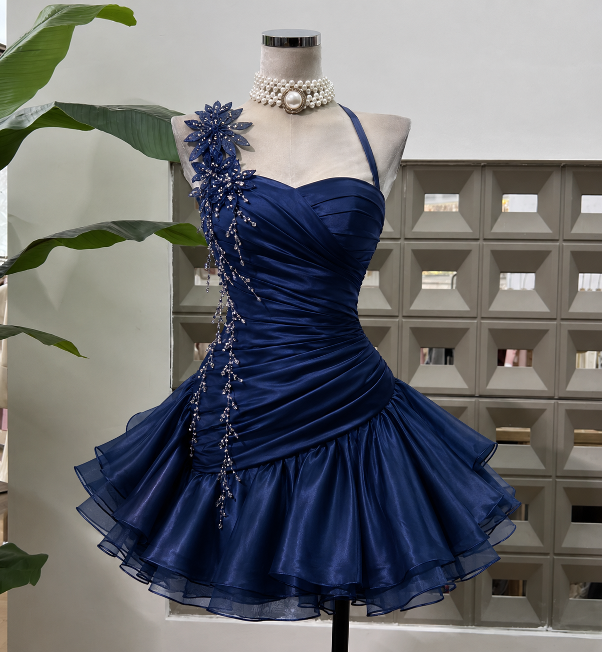Pretty Short Navy Blue Prom Dress Sheath Tulle Homecoming Dress Halter Birthday Party Outfit ED08185