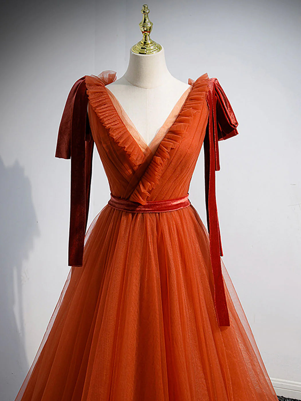 Brick Red V Neck Tulle Long Prom Dresses, Simple Formal Gown Graduation Dresses ED0819