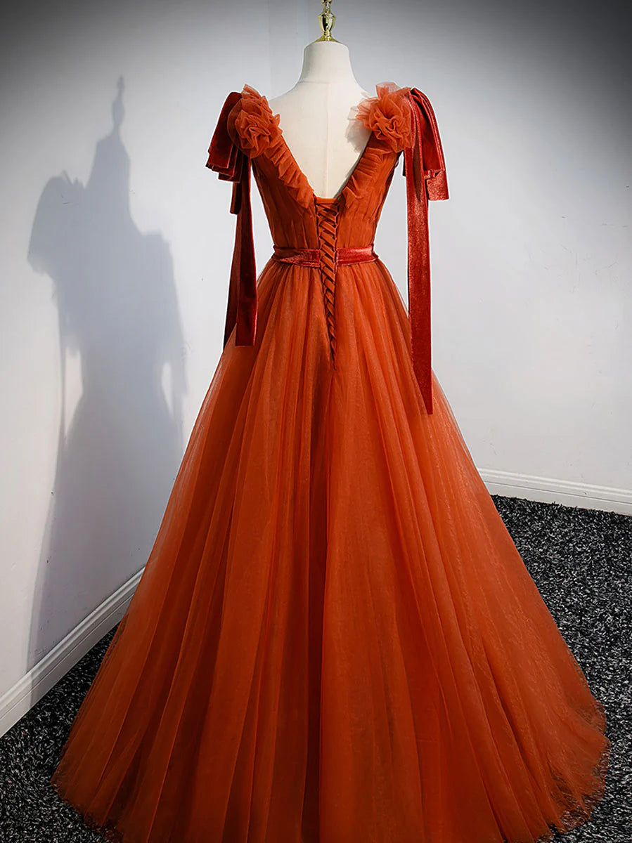 Brick Red V Neck Tulle Long Prom Dresses, Simple Formal Gown Graduation Dresses ED0819