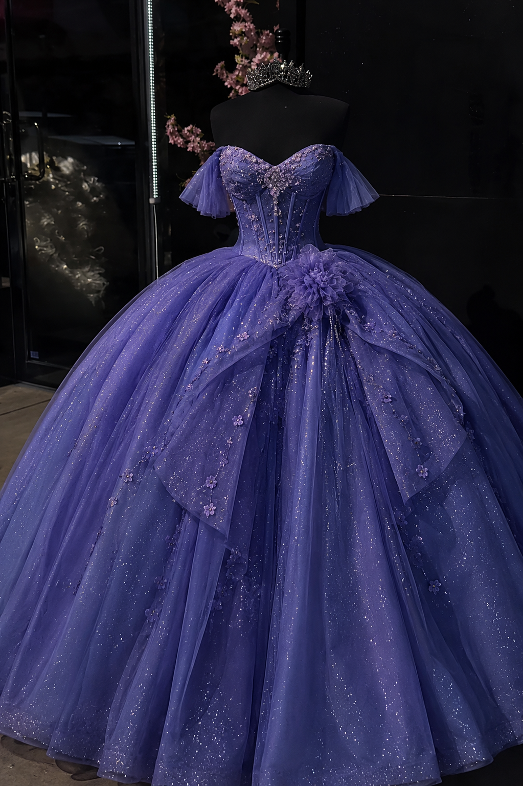 Gorgeous Off-shoulder Ball Gown Quinceanera Dress Tulle Applique Purple Sweet 16 Dress ED08199