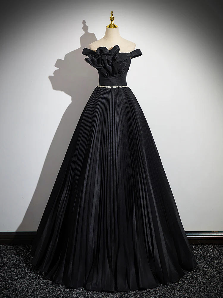 A-Line Off Shoulder Black Long Prom Dress, Black Long Evening Dress ED082