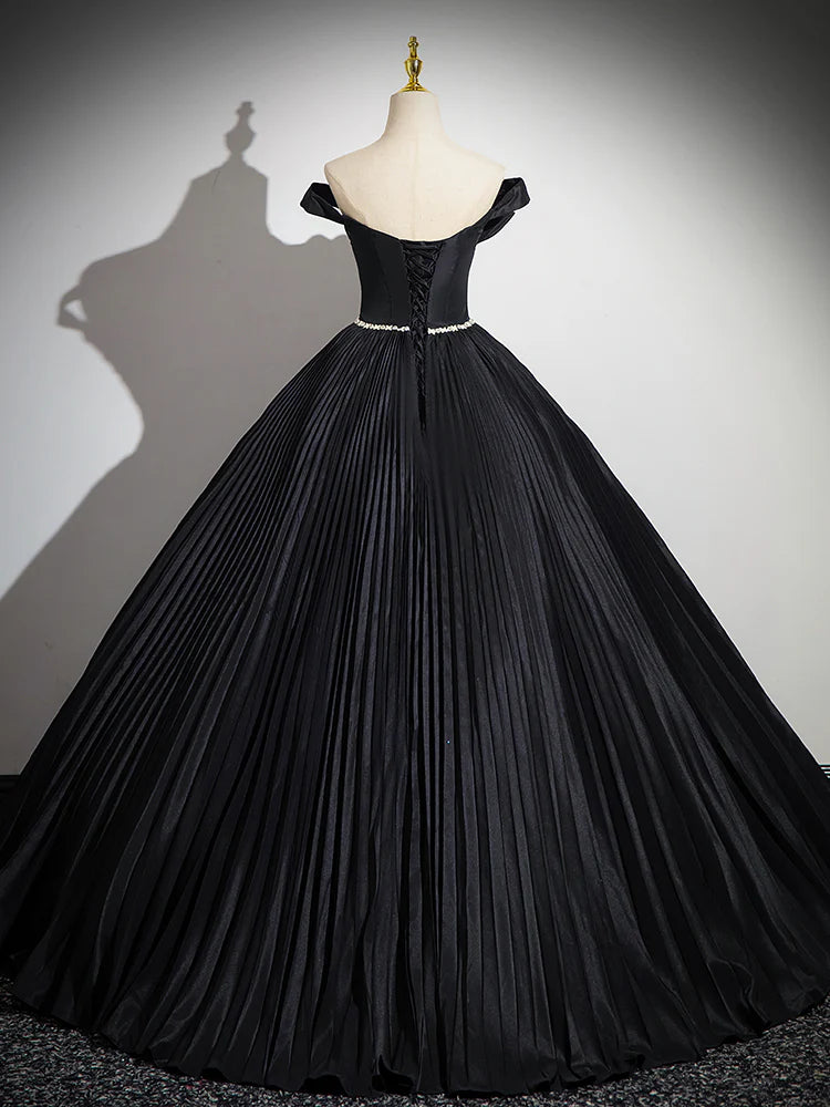 A-Line Off Shoulder Black Long Prom Dress, Black Long Evening Dress ED082