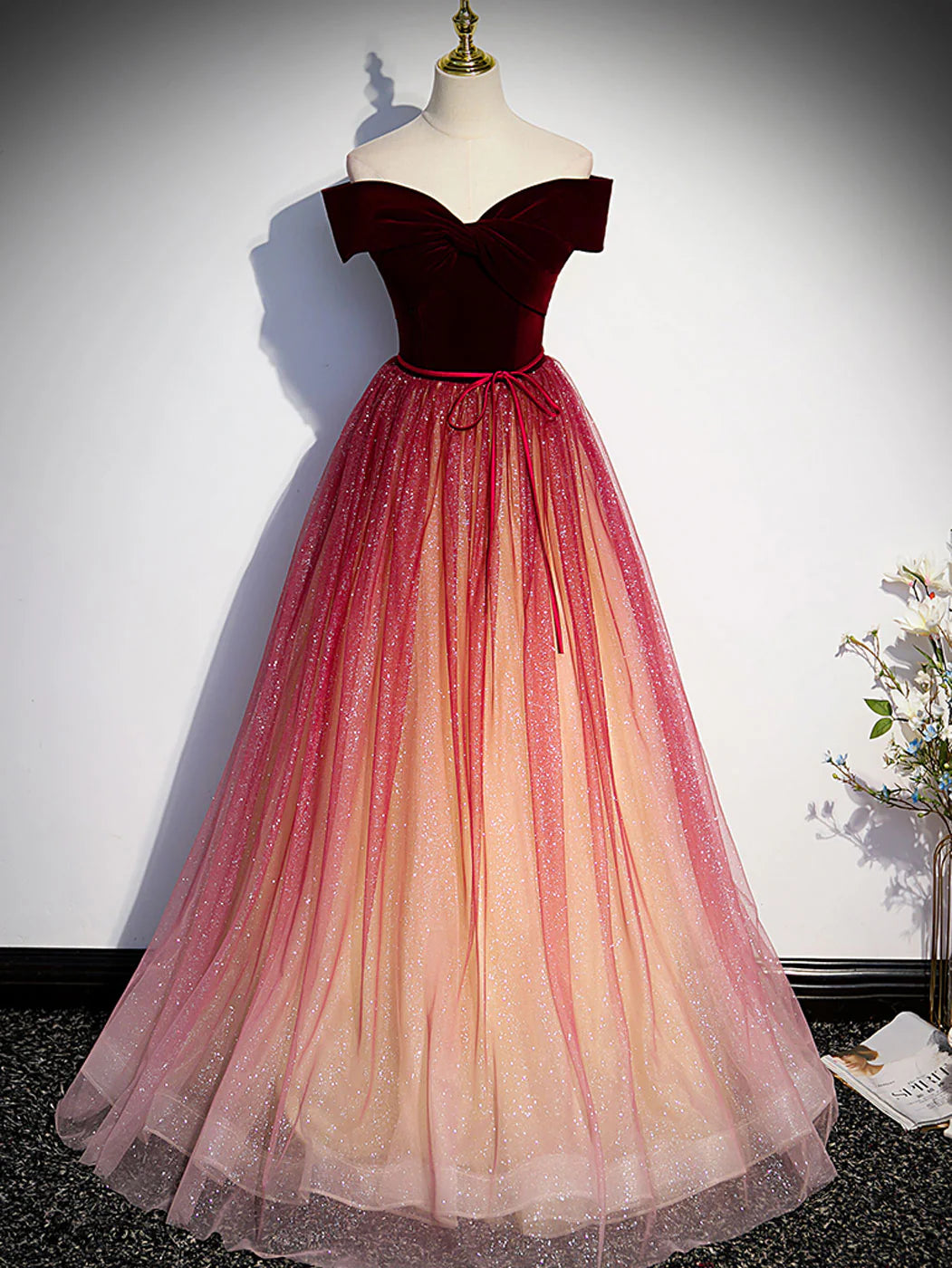 Burgundy off shoulder tulle long prom dress burgundy formal dress ED0820
