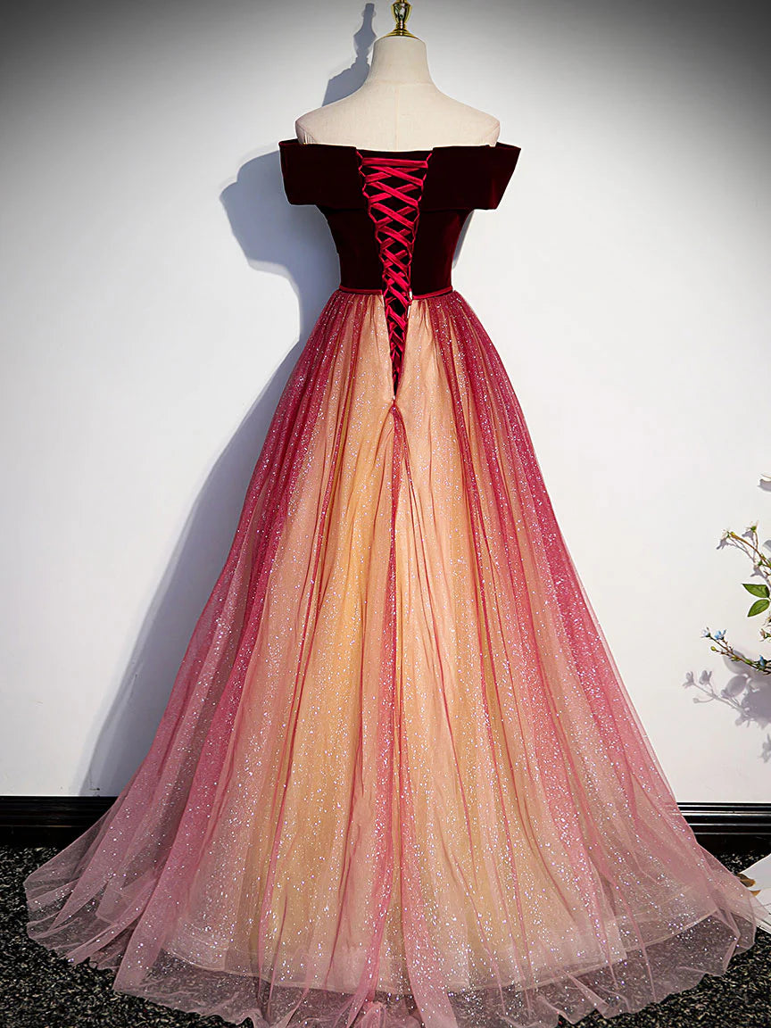 Burgundy off shoulder tulle long prom dress burgundy formal dress ED0820