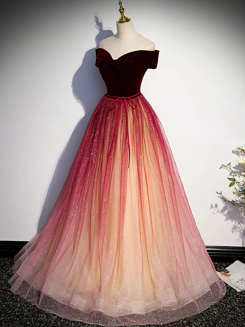 Burgundy off shoulder tulle long prom dress burgundy formal dress ED0820