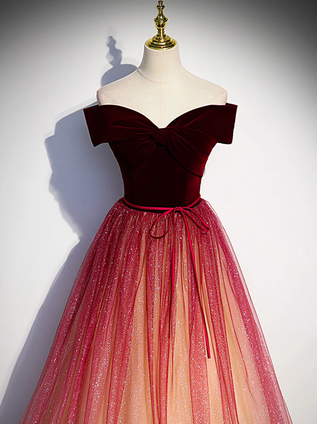 Burgundy off shoulder tulle long prom dress burgundy formal dress ED0820
