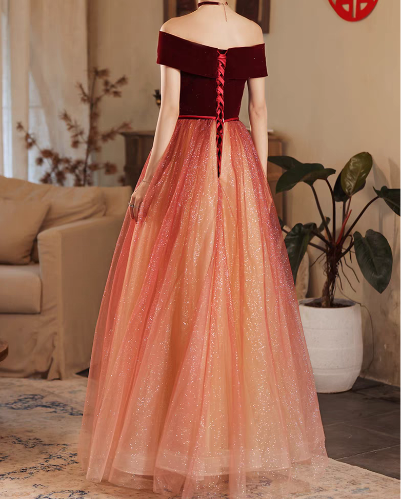 Burgundy off shoulder tulle long prom dress burgundy formal dress ED0820