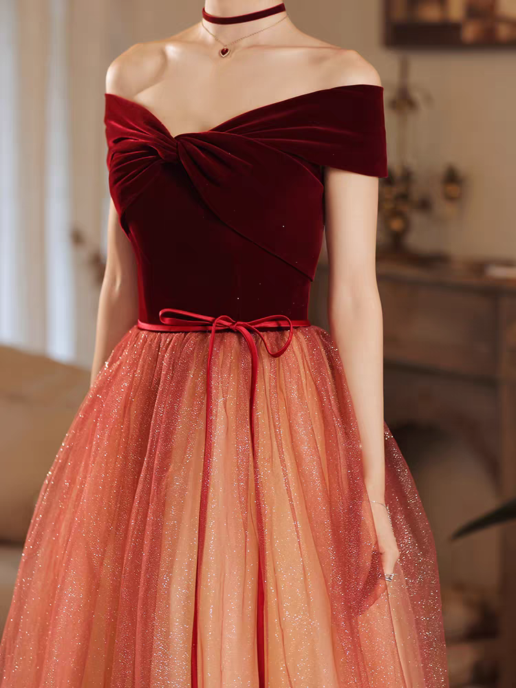 Burgundy off shoulder tulle long prom dress burgundy formal dress ED0820