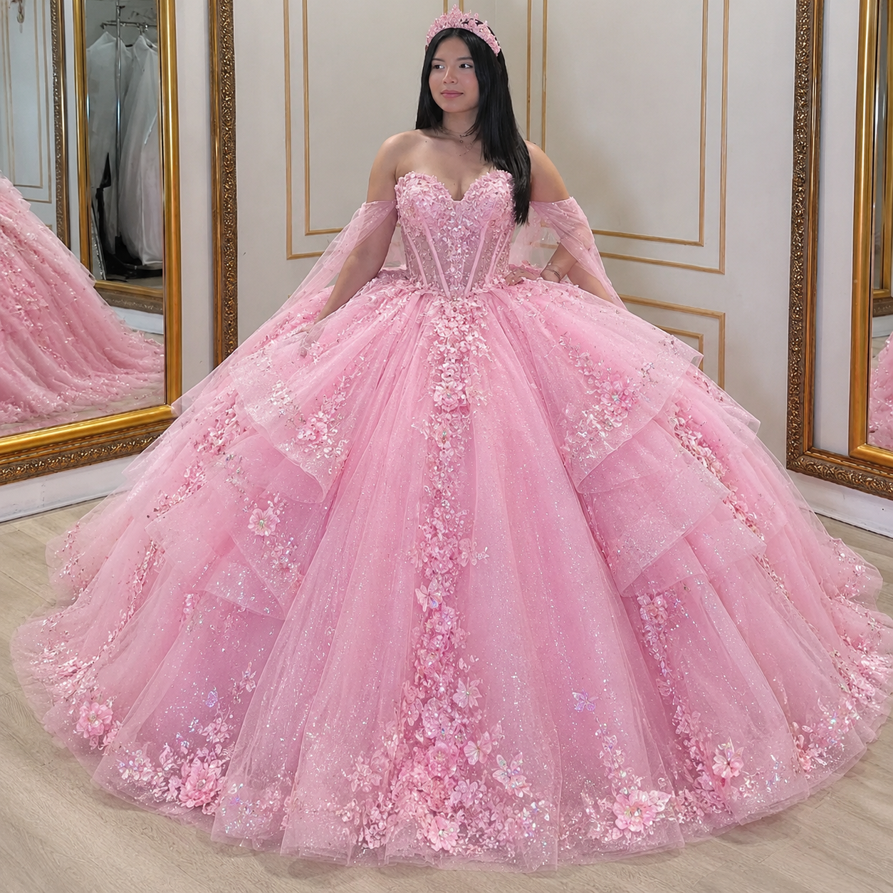 Gorgeous Off-shoulder Ball Gown Quinceanera Dress Tulle Applique Pink Sweet 16 Dress ED08200