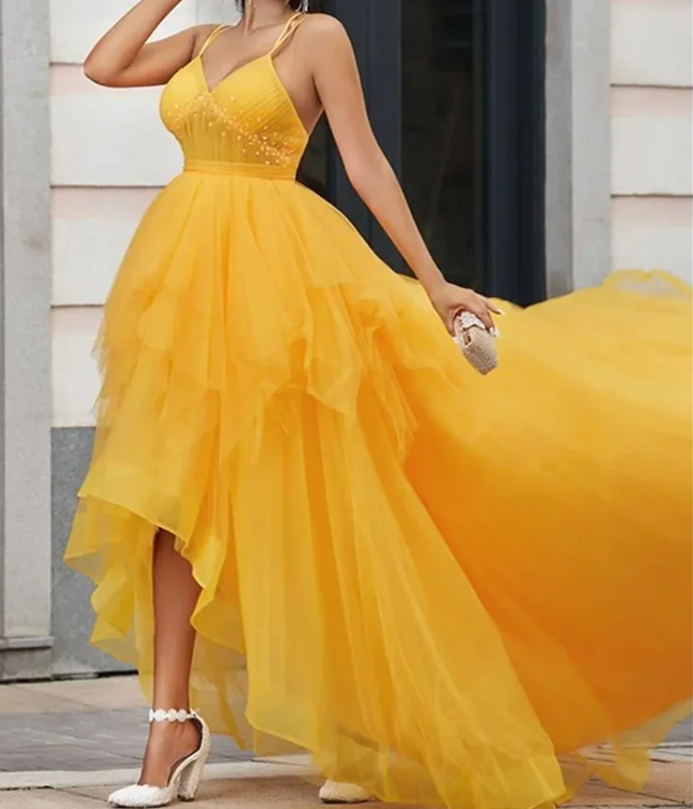 Gelbes langes Ballkleid aus Tüll mit V-Ausschnitt und hohem Schlitz, langes gelbes Abschlusskleid ED0821