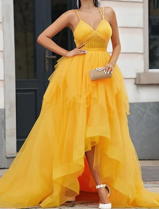 Gelbes langes Ballkleid aus Tüll mit V-Ausschnitt und hohem Schlitz, langes gelbes Abschlusskleid ED0821