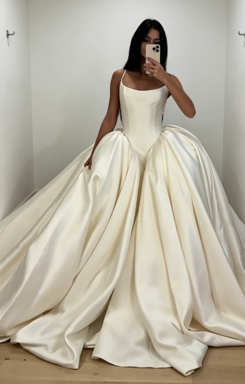 Modest Spaghetti Straps A-Line Wedding Dress Satin Bridal Gown White Bridal Dress ED08219