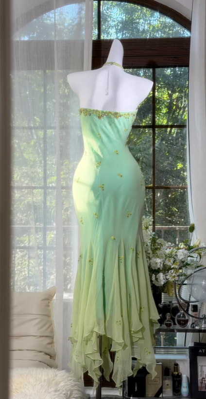 Elegant Halter Sheath Chiffon Beaded Long Evening Dress Green Prom Dress ED08228
