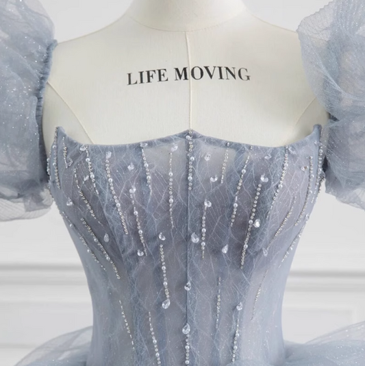 Gray blue beads long prom dress gray tulle formal dress ED0823