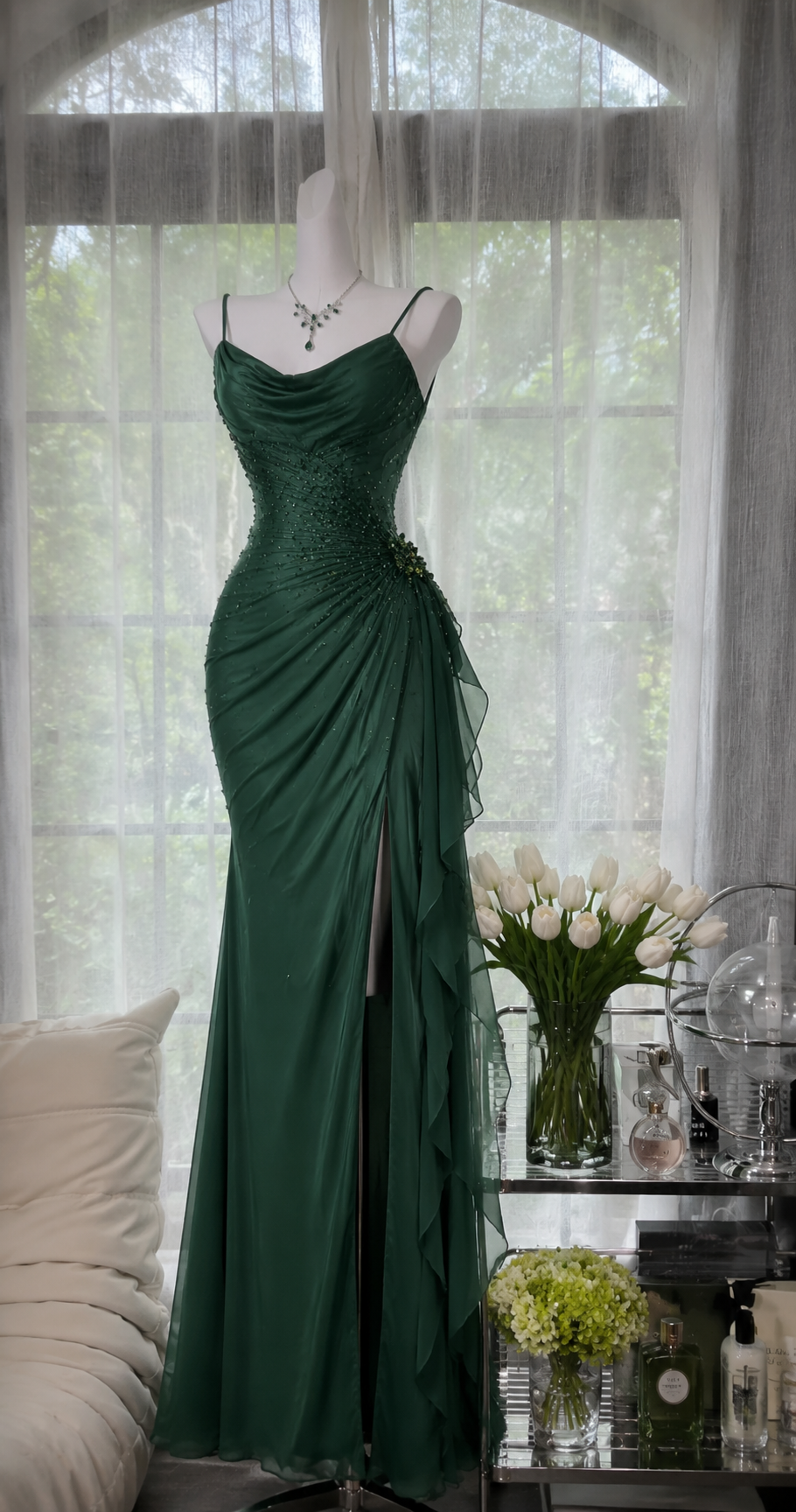 Chic Spaghetti Straps Sheath Chiffon Beaded Long Evening Dress Dark Green Prom Dress ED08236
