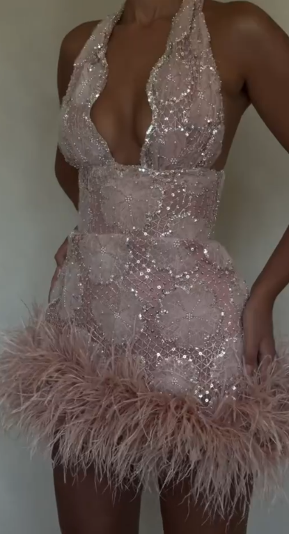 Sexy Halter Pink Homecoming Dress Sheath Beaded Lace Birthday Dress ED08248