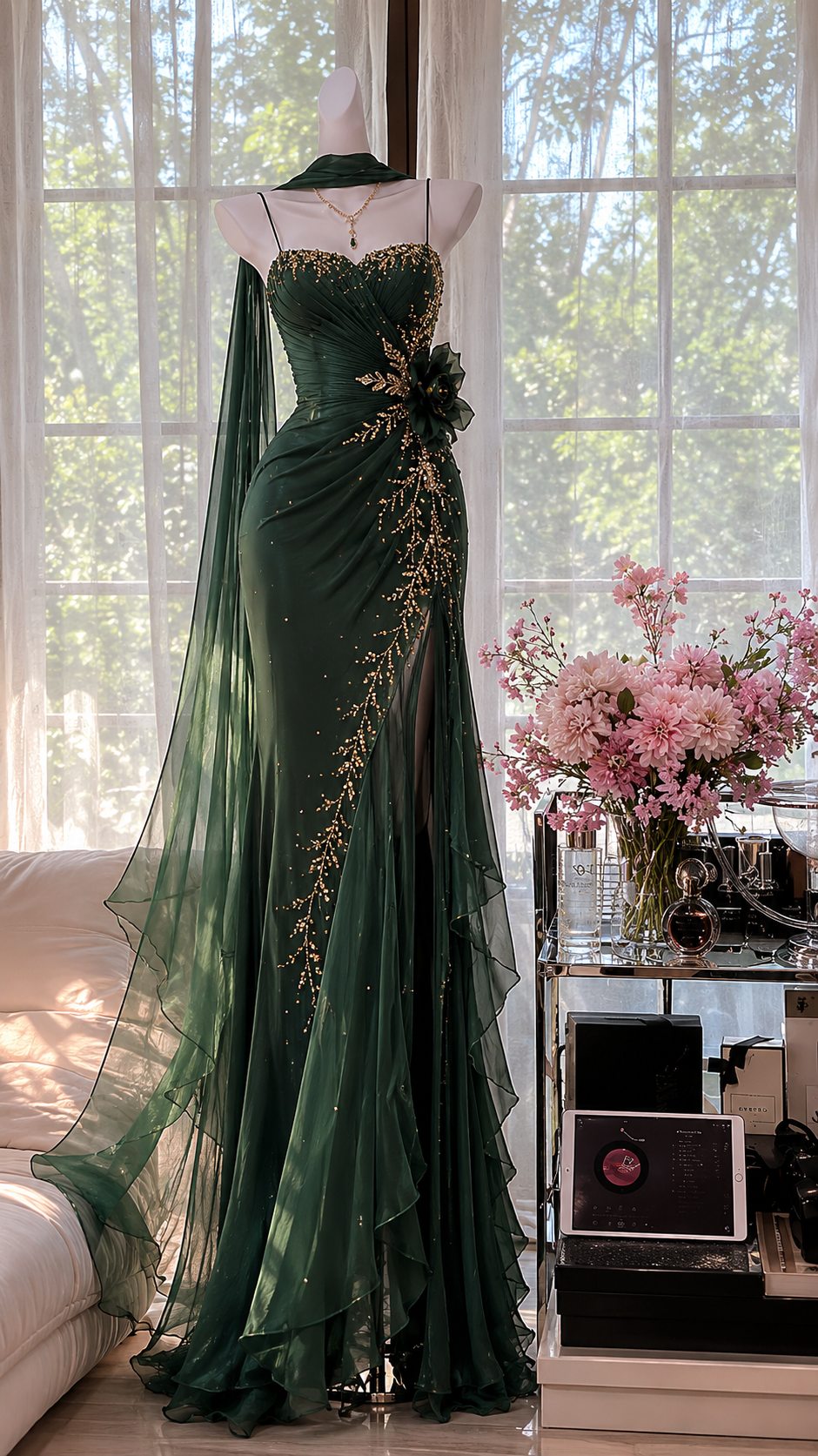 Elegantes dunkelgrünes Abschlussballkleid Spaghettiträger Etui-Chiffon Perlen Lang Abendkleid ED08267