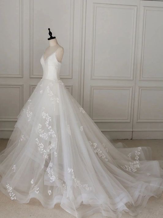 Ivory V Neck Tulle Lace Long Wedding Dress, Ivory Tulle Wedding Gown ED0827