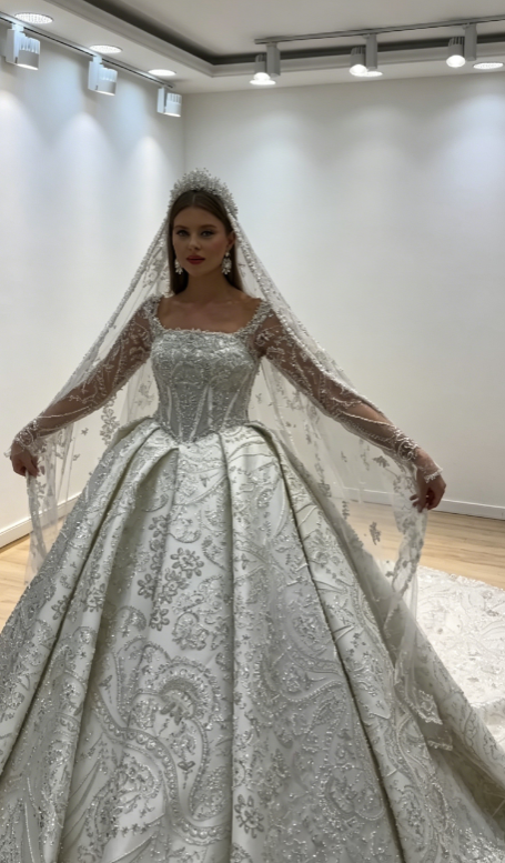 Modest Off-shoulder A-Line Wedding Dress White Birdal Gown Beaded Satin Bridal Dress ED08275