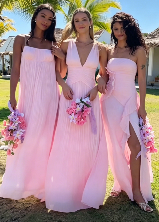 Chic Pink Bridesmaid Dress Strapless Sheath Chiffon Long Evening Dress ED08294