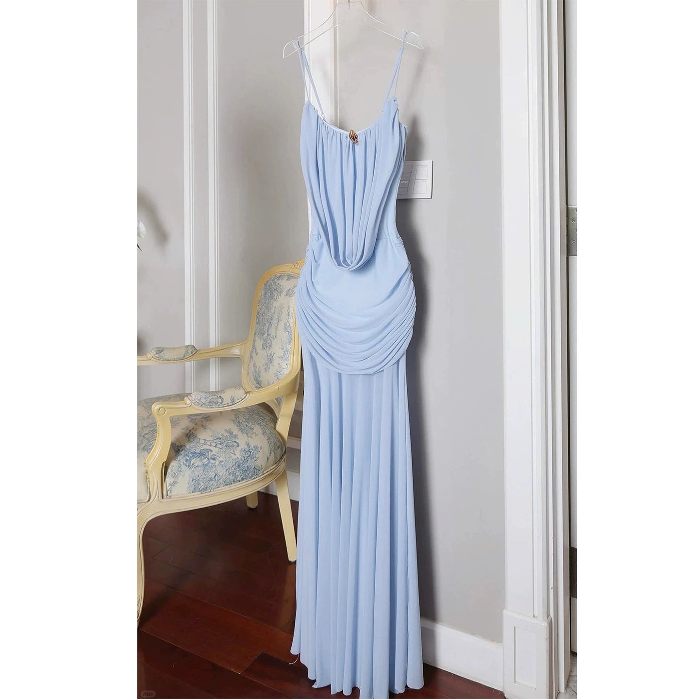 Elegantes blaues Brautjungfernkleid mit Spaghettiträgern, Etui-Schnitt, Chiffon, langes Abendkleid ED08296