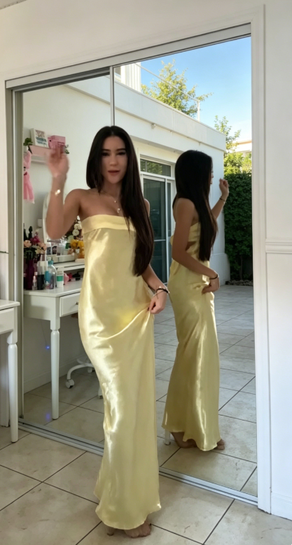 Elegantes gelbes trägerloses Etuikleid aus Satin für Hochzeitsgäste, langes Abendkleid ED08298