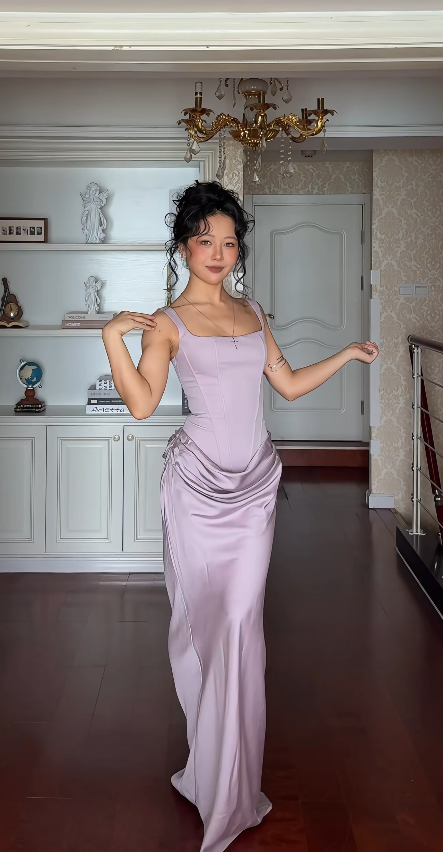 Elegant Straps Sheath Satin Long Evening Dress Dusty Purple Prom Dress ED08316