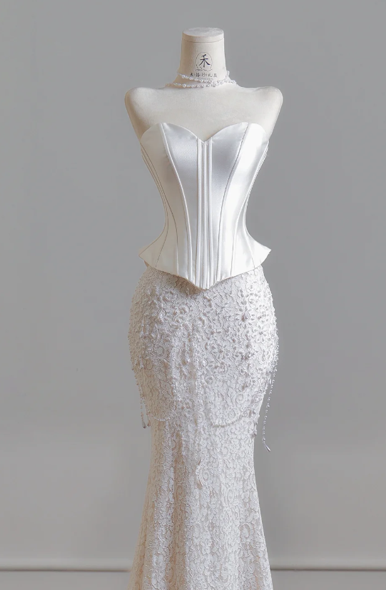 Chic Sweetheart Mermaid Wedding Dress Satin Lace Bridal Gown White Bridal Dress ED08325