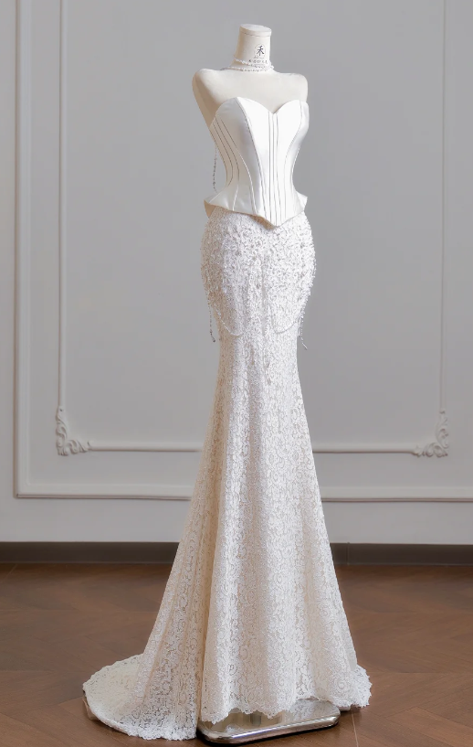 Chic Sweetheart Mermaid Wedding Dress Satin Lace Bridal Gown White Bridal Dress ED08325