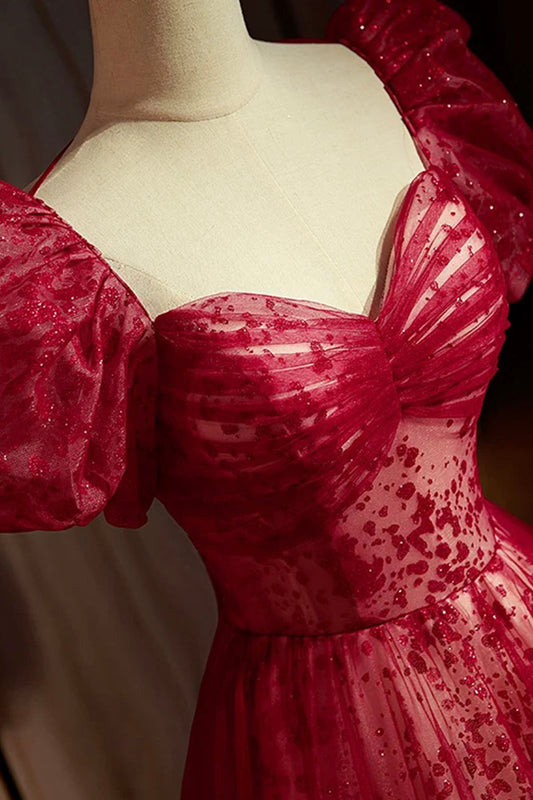 Langes Ballkleid in Burgunderrot mit Pailletten und Tüll in A-Linie, Burgunderrotes Abendkleid ED0834