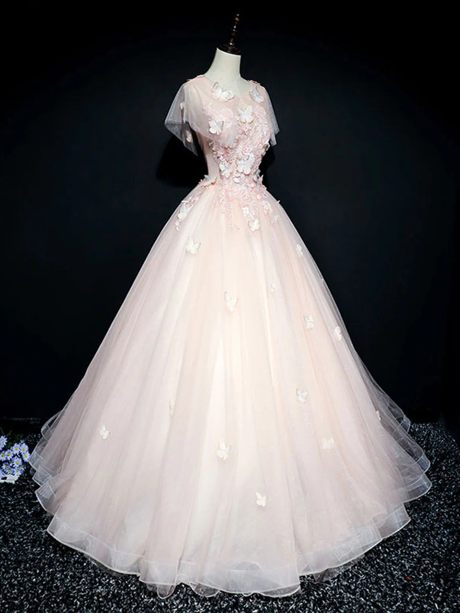Robe de bal longue en tulle et dentelle rose à col rond, robe rose pour le 16e anniversaire ED0835