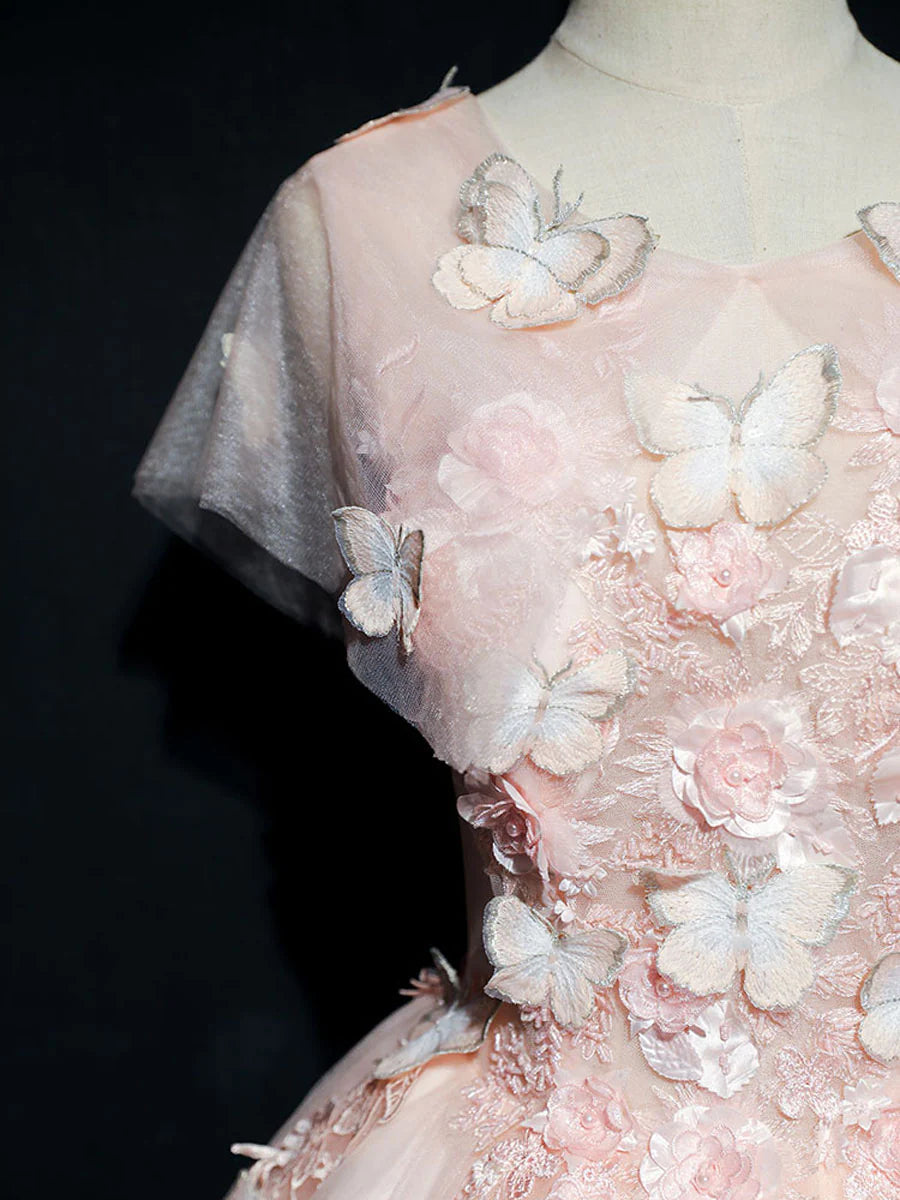Robe de bal longue en tulle et dentelle rose à col rond, robe rose pour le 16e anniversaire ED0835