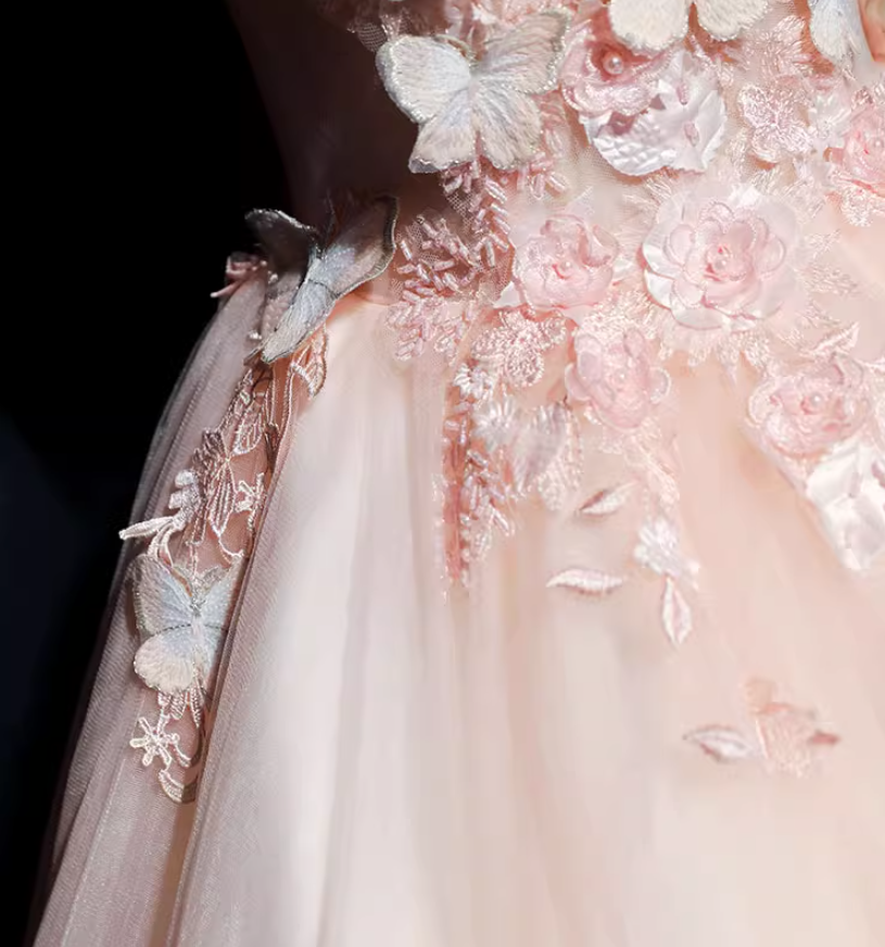 Robe de bal longue en tulle et dentelle rose à col rond, robe rose pour le 16e anniversaire ED0835