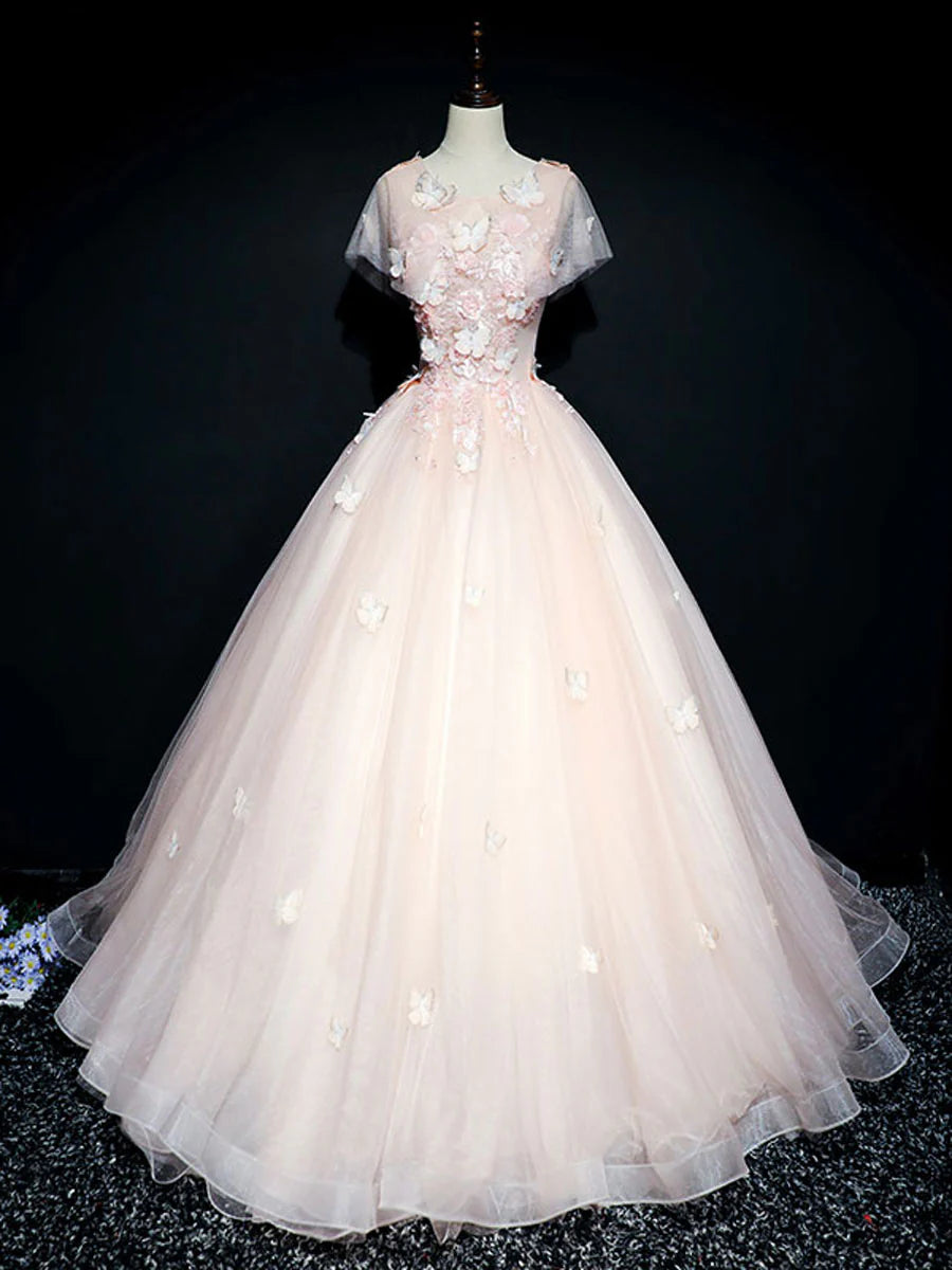 Robe de bal longue en tulle et dentelle rose à col rond, robe rose pour le 16e anniversaire ED0835