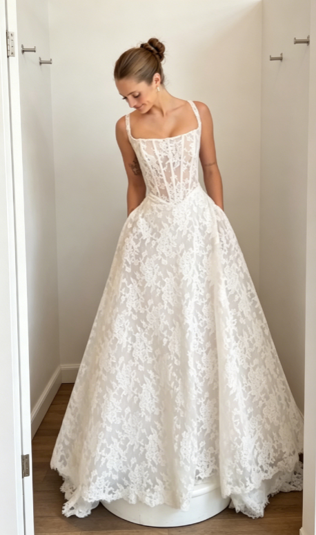 Classy White Wedding Dress Straps A-Line Bridal Gown Lace Applique Bridal Dress ED08370