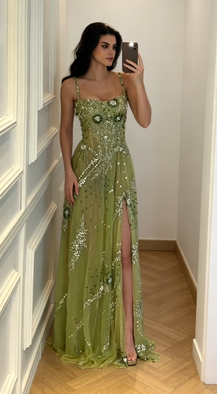 Classy Green Prom Dress Straps Sheath Lace Long Evening Dress ED08371